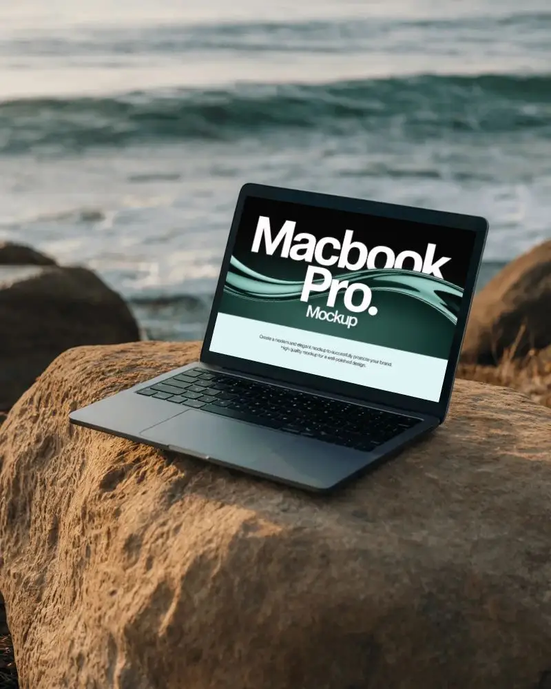 Oceanfront Rock Macbook Pro M1 Mockup With Sunset Waves And Natural Coastal Light