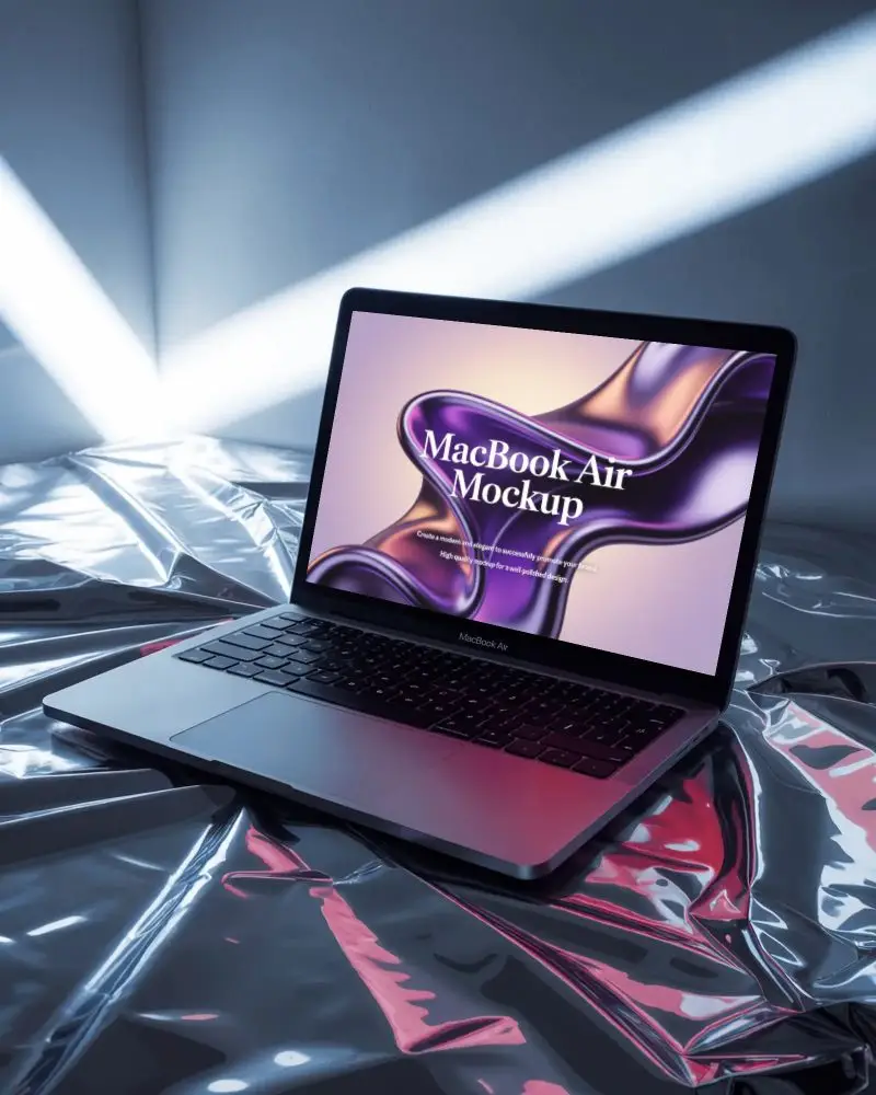 Futuristic Studio Macbook Air M1 Mockup On Metallic Sheet With Beam Light Effects