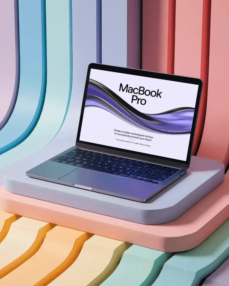 Colorful Abstract Setup Macbook Pro M1 Mockup On Layered Podium With Soft Tones