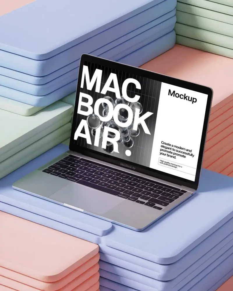 Stacked Pastel Blocks Macbook Air M1 Mockup In Geometric Colorful Studio Arrangement