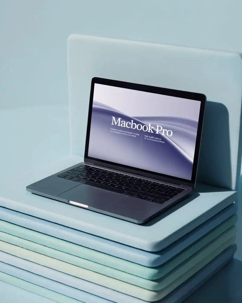 Minimal Blue Studio Macbook Pro M1 Mockup On Stacked Matte Platform With Hard Light