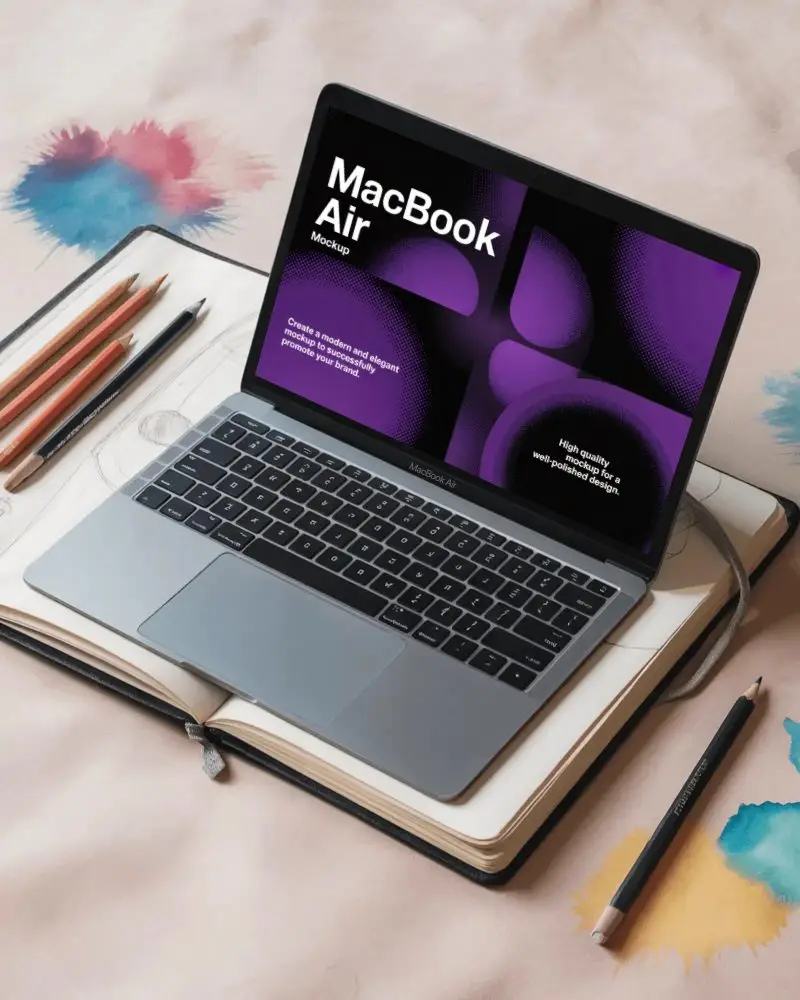 Artistic Desk Scene Macbook Air M1 Mockup On Sketchbook With Colored Pencils And Ink