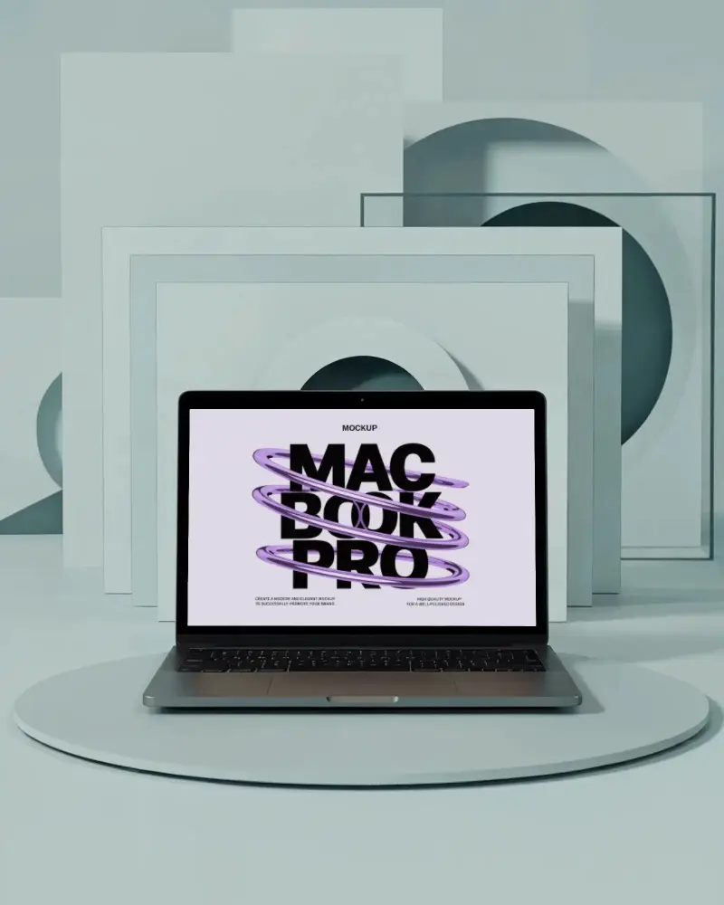 Abstract Geometric Scene Macbook Pro M1 Mockup On Round Podium With Layered Shapes