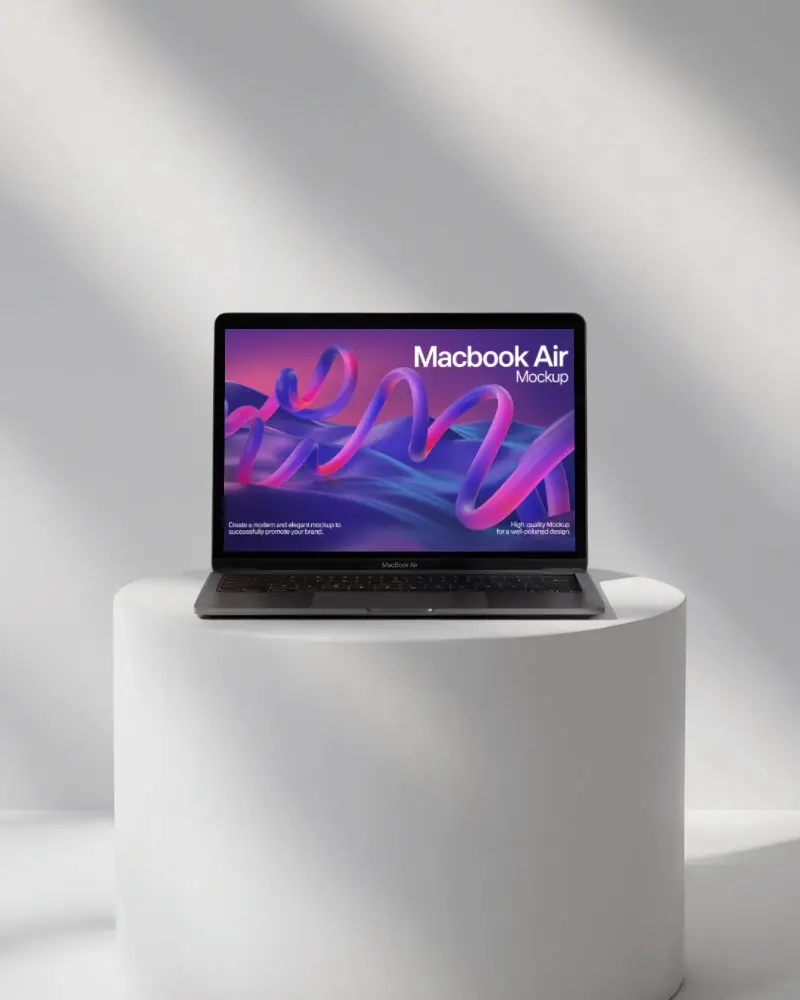 Minimal Lighting Scene Macbook Air M1 Mockup On White Cylinder Podium With Soft Shadows