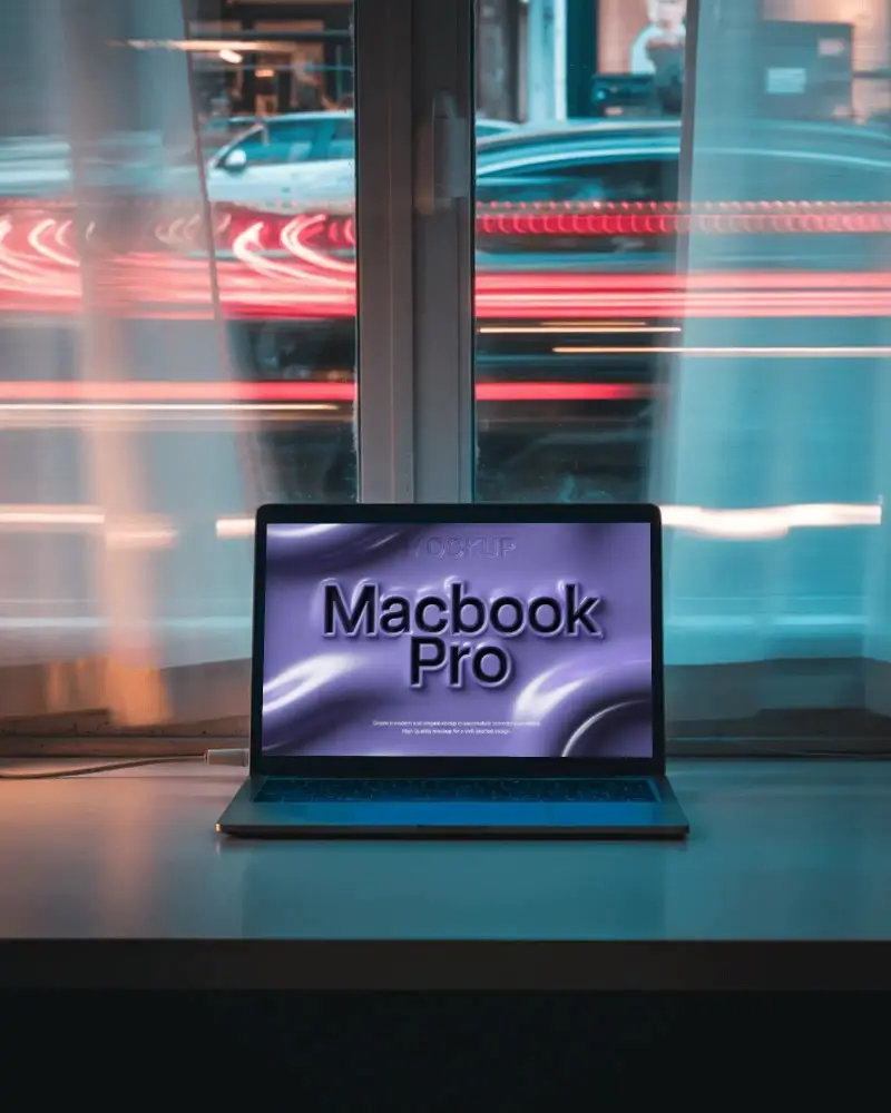 City Light Trails Macbook Pro M1 Mockup On Window Sill With Curtains And Night Traffic