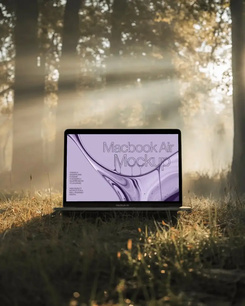 Forest Light Rays Macbook Air M1 Mockup On Grassy Ground With Soft Sunbeams And Fog