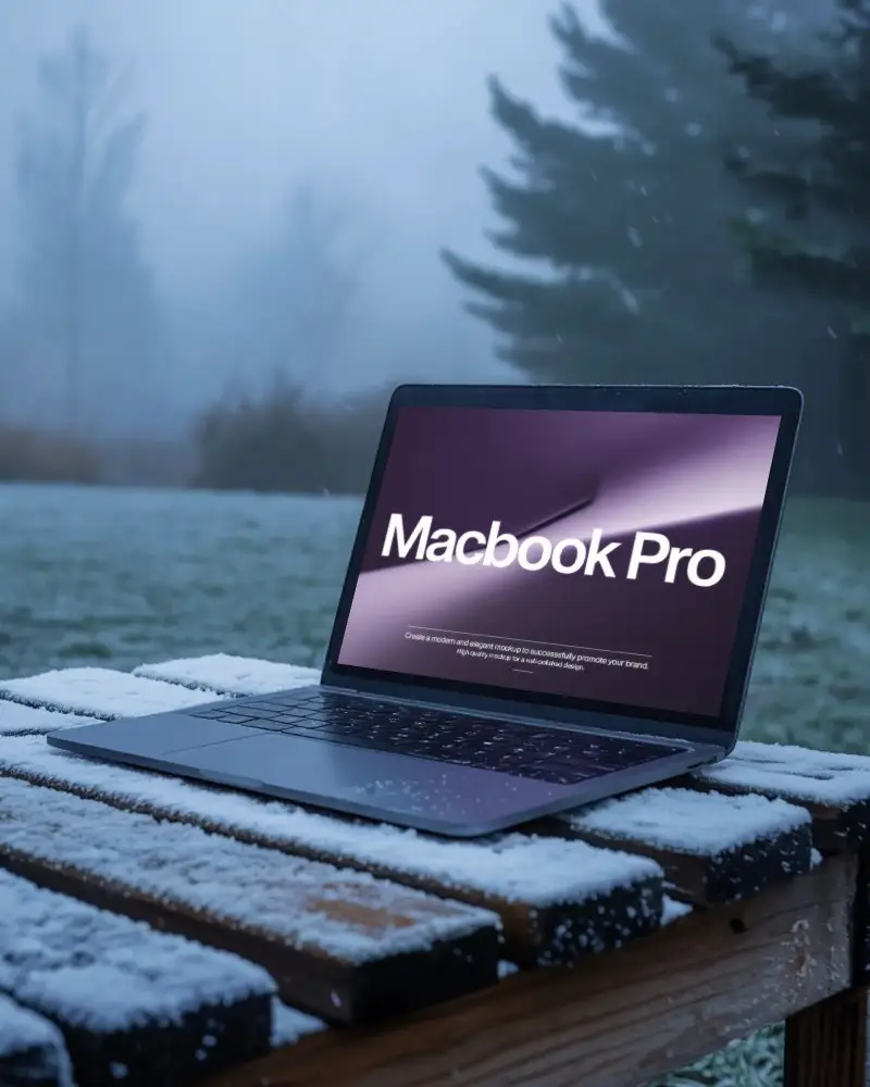 Winter Morning Scene Macbook Pro M1 Mockup On Snow Covered Bench With Foggy Backdrop