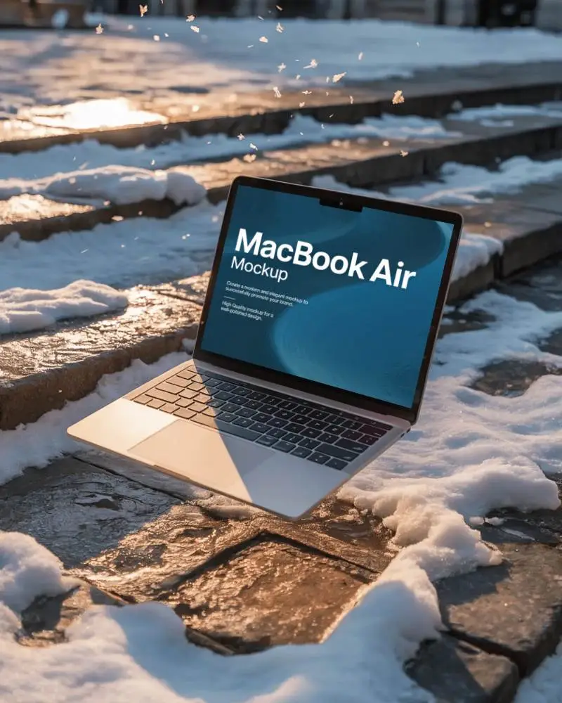 Early Winter Sunset Macbook Air M2 Mockup On Snow Dusted Pavement With Light Rays