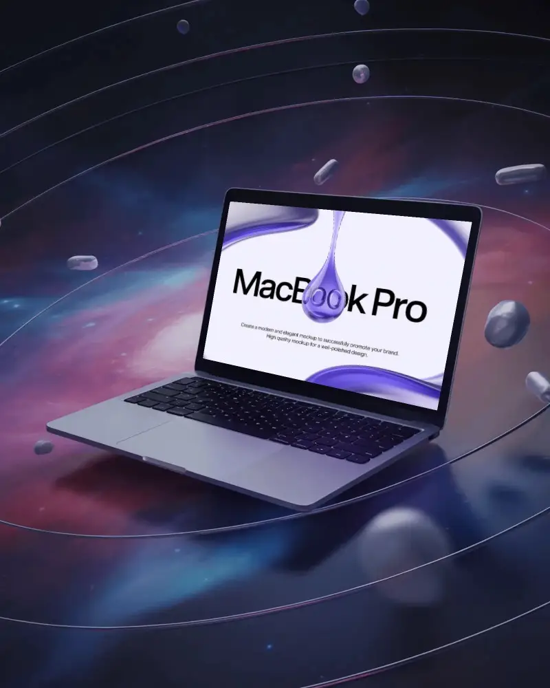 Cosmic Space Scene Macbook Pro M1 Mockup Floating In Galaxy With Orbiting Particles