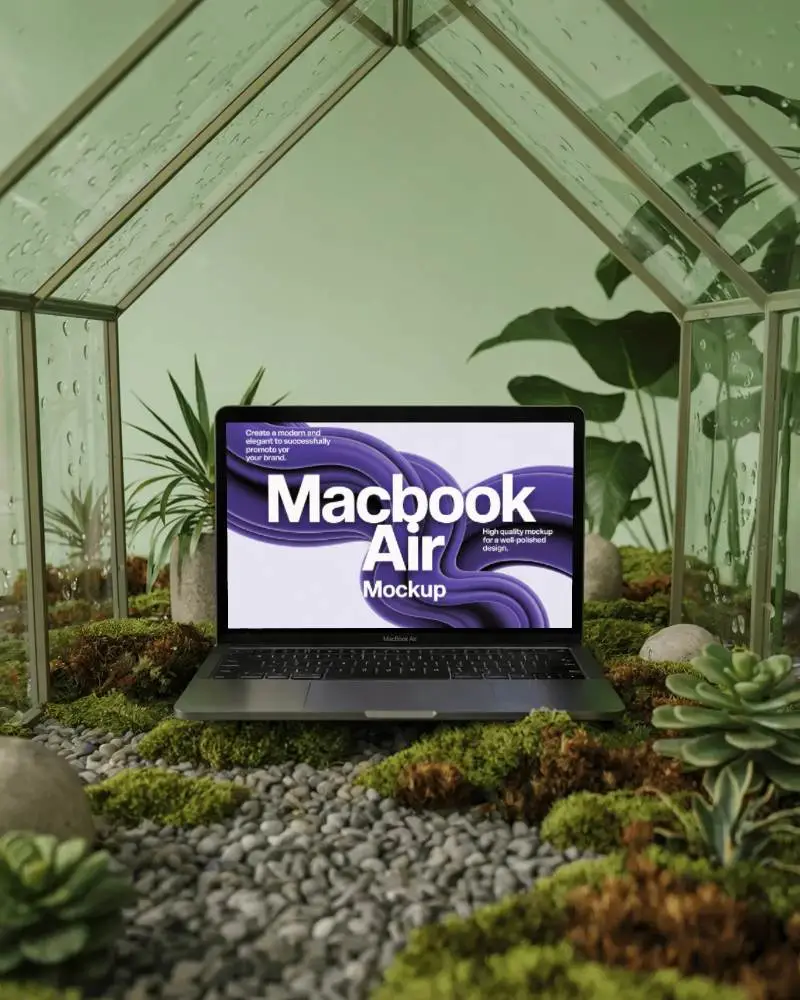Indoor Greenhouse Scene Macbook Air M1 Mockup On Pebbled Ground Amid Succulents And Leaves