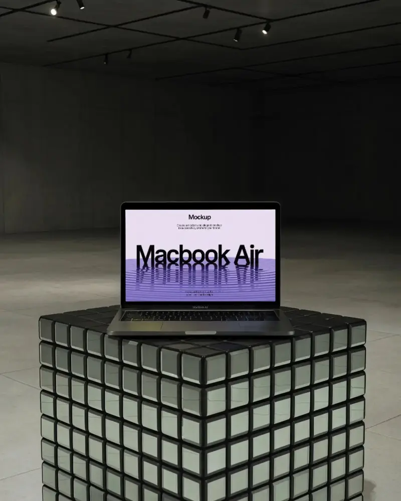 Gallery Space Macbook Air M1 Mockup On Modern Cube Podium In Minimalist Lighting