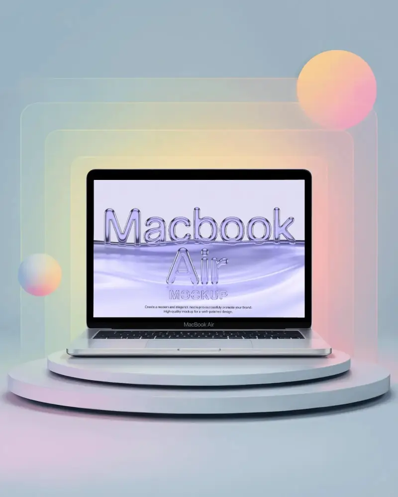 Pastel Gradient Scene Macbook Air M1 Mockup On Podium With Glowing Spheres And Layers