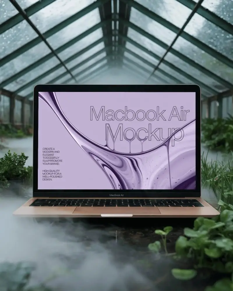 Misty Greenhouse Scene Macbook Air M1 Mockup Amid Plants Under Glass Roof With Fog