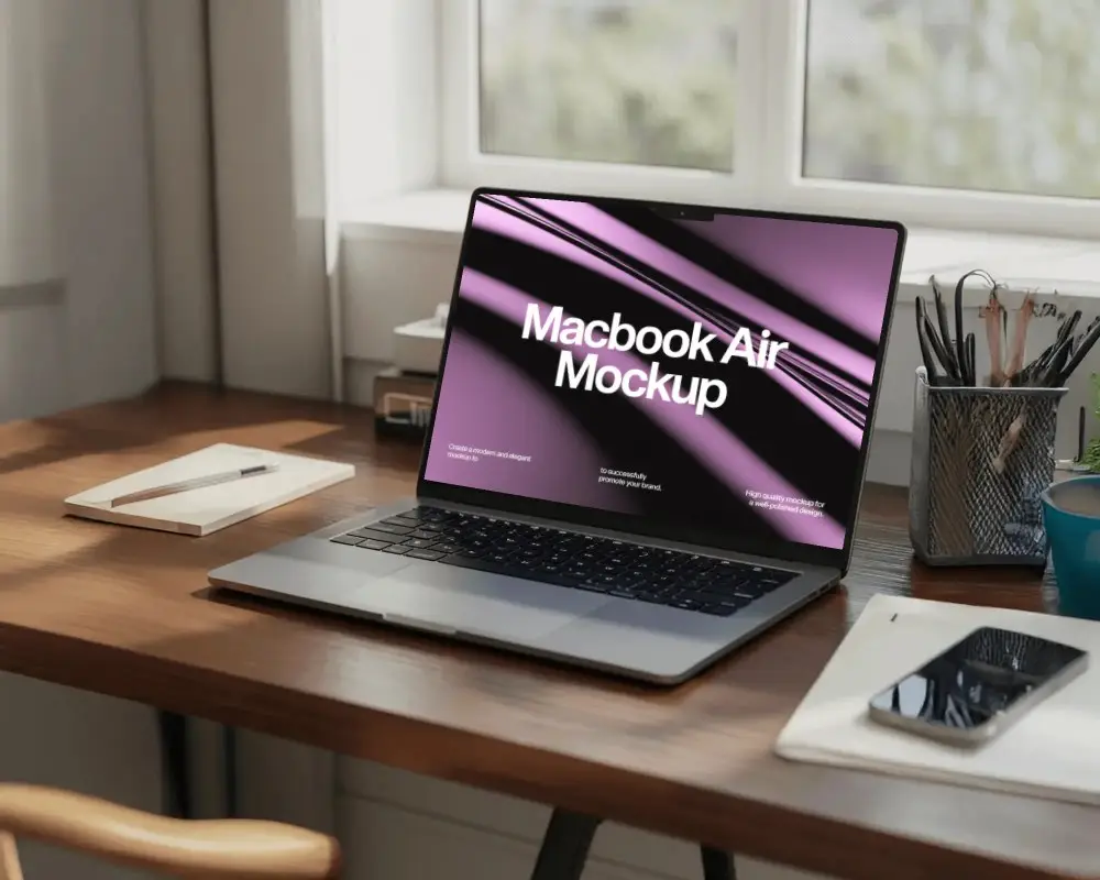 Cozy Home Office Macbook Air M4 Mockup On Wooden Desk With Daylight And Work Tools