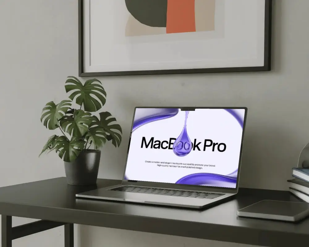 Macbook Pro M4 Mockup On Minimal Black Desk With Potted Plant And Modern Art Frame