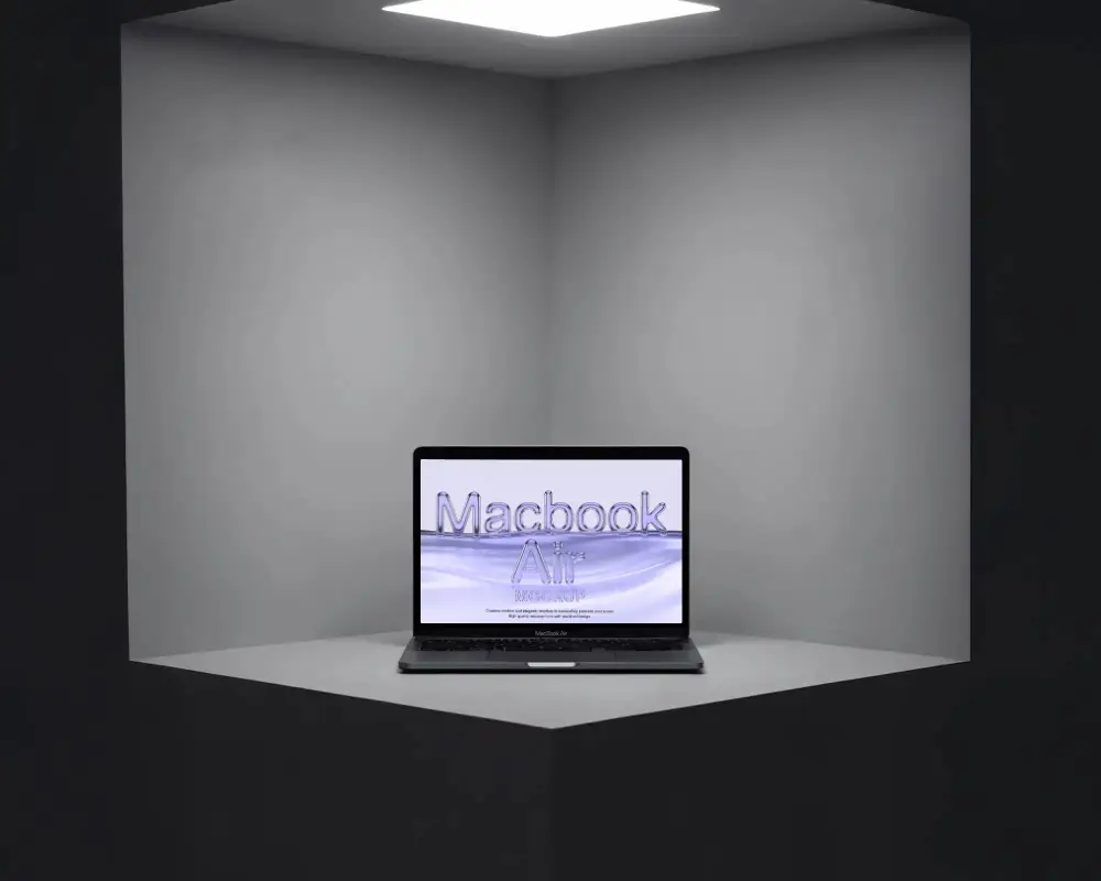Spotlight Corner Display Macbook Air M1 Mockup In Dark Minimal Cube With Soft Top Light