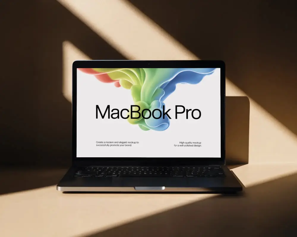 Bold Shadow Scene Macbook Pro M1 Mockup On Warm Surface With Dramatic Light Stripes