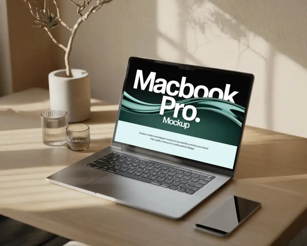 Sunlit Desk Macbook Pro M3 Mockup On Wooden Surface With Glass Cups And Minimal Decor