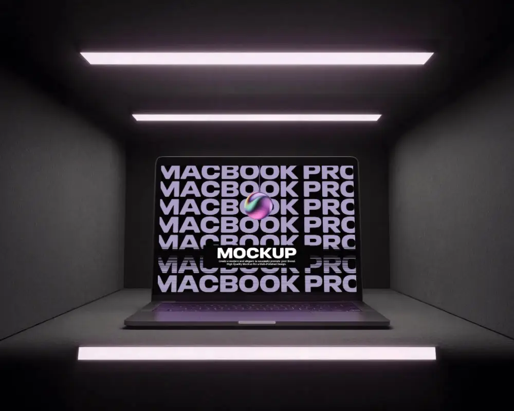 Futuristic Lightbox Macbook Pro M1 Mockup Under Purple Strips In Dark Enclosed Display