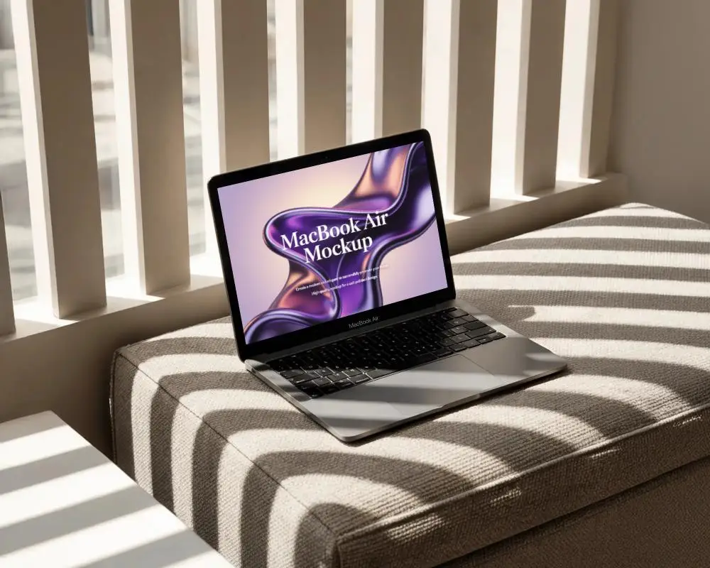 Macbook Air M1 Mockup On Soft Bench With Sunlight Filtering Through Modern Vertical Blinds