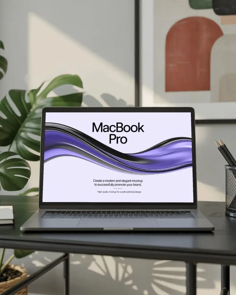Sunlit Home Office Macbook Pro M1 Mockup On Black Desk With Plant And Modern Wall Art