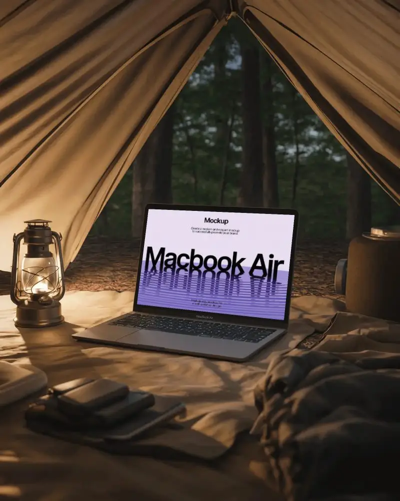 Cozy Camping Scene Macbook Air M1 Mockup Inside Tent With Lantern And Forest Background