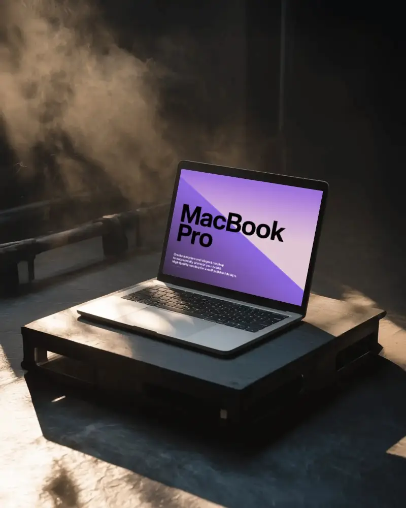 Cinematic Industrial Scene Macbook Pro M1 Mockup On Wood Pallet With Dramatic Smoke Light