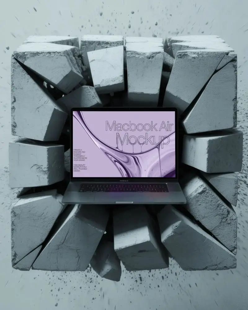 Macbook Air M1 Mockup In Center Of Exploding Concrete Blocks With Dramatic Impact Effect