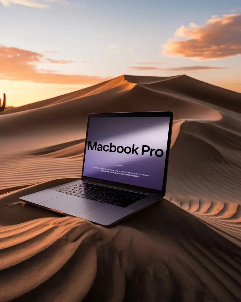 Desert Sunset Scene Macbook Pro M1 Mockup On Sand Dune With Golden Light And Textures