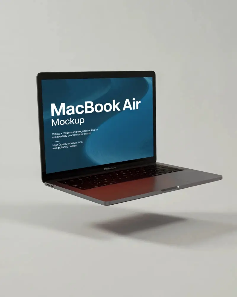 Floating Macbook Air M1 Mockup In Minimal Studio With Clean Shadow And Neutral Light