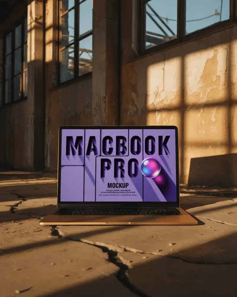 Abandoned Building Macbook Pro M1 Mockup Sitting On Cracked Floor With Sunset Light