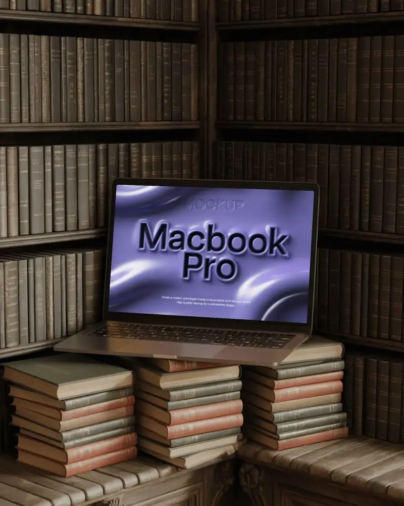 Antique Bookshelf Setting Macbook Pro M1 Mockup Resting On Stacked Volumes