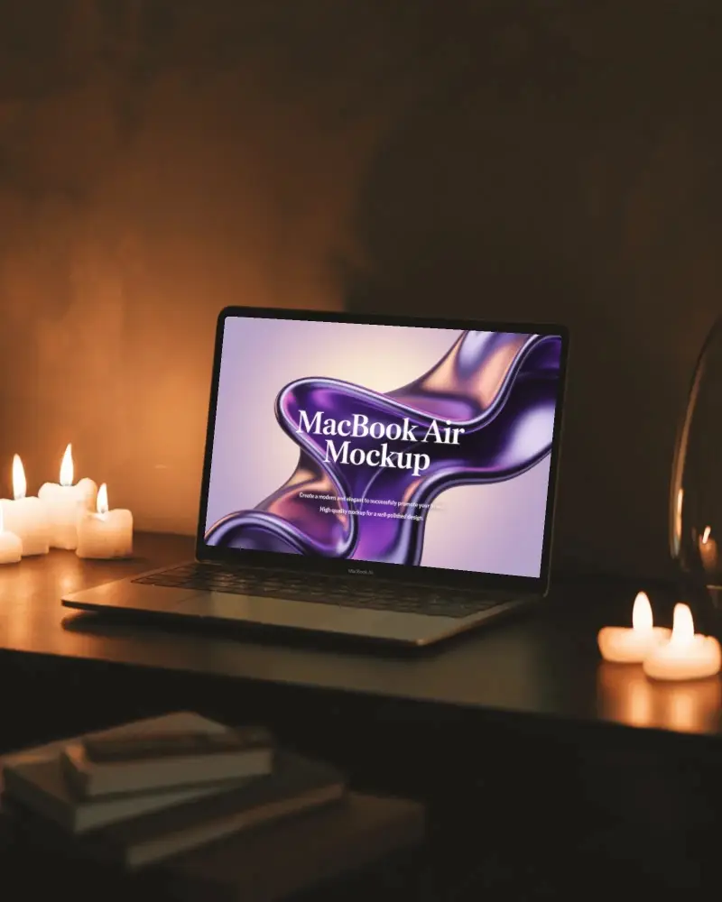 Candlelit Room Macbook Air M1 Mockup On Desk With Warm Ambient Lighting