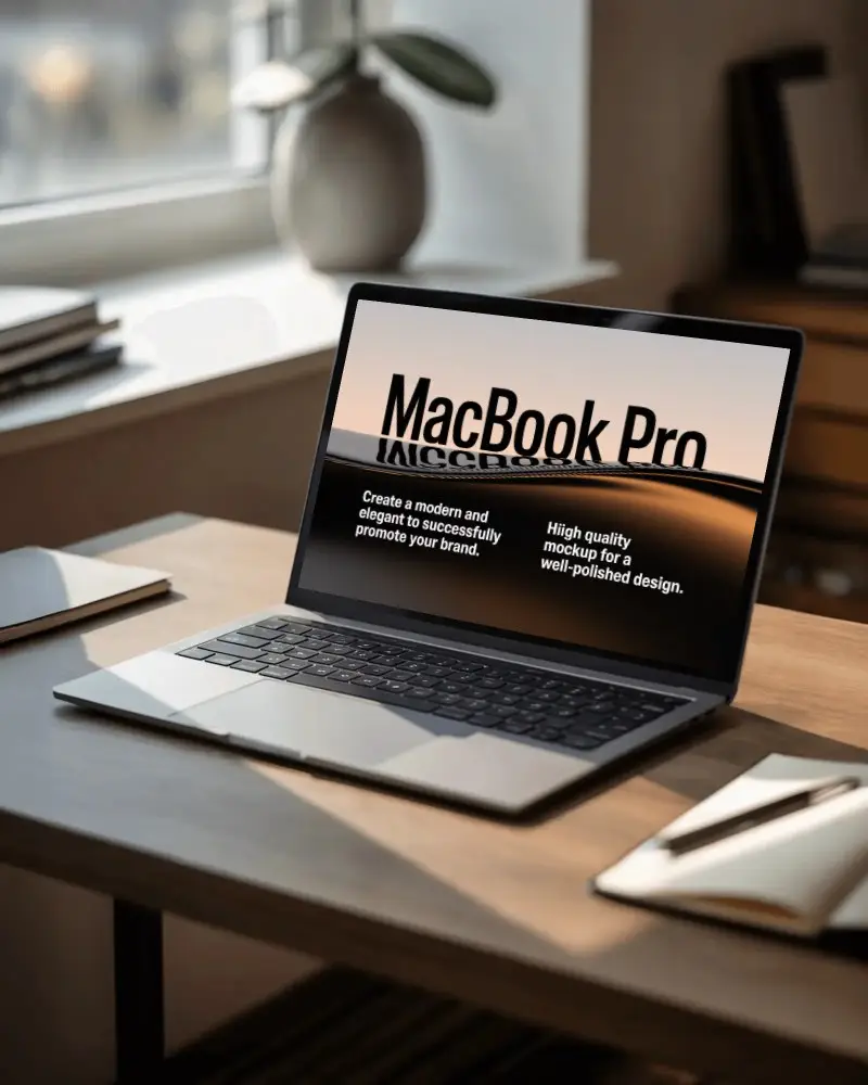 Natural Light Wooden Desk Macbook Pro M1 Mockup With Notebooks And Vase