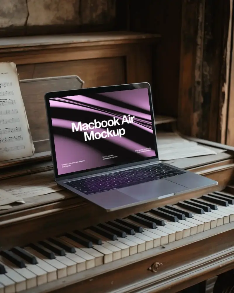 Vintage Piano Macbook Air M1 Mockup With Aged Wood Texture And Sheet Music