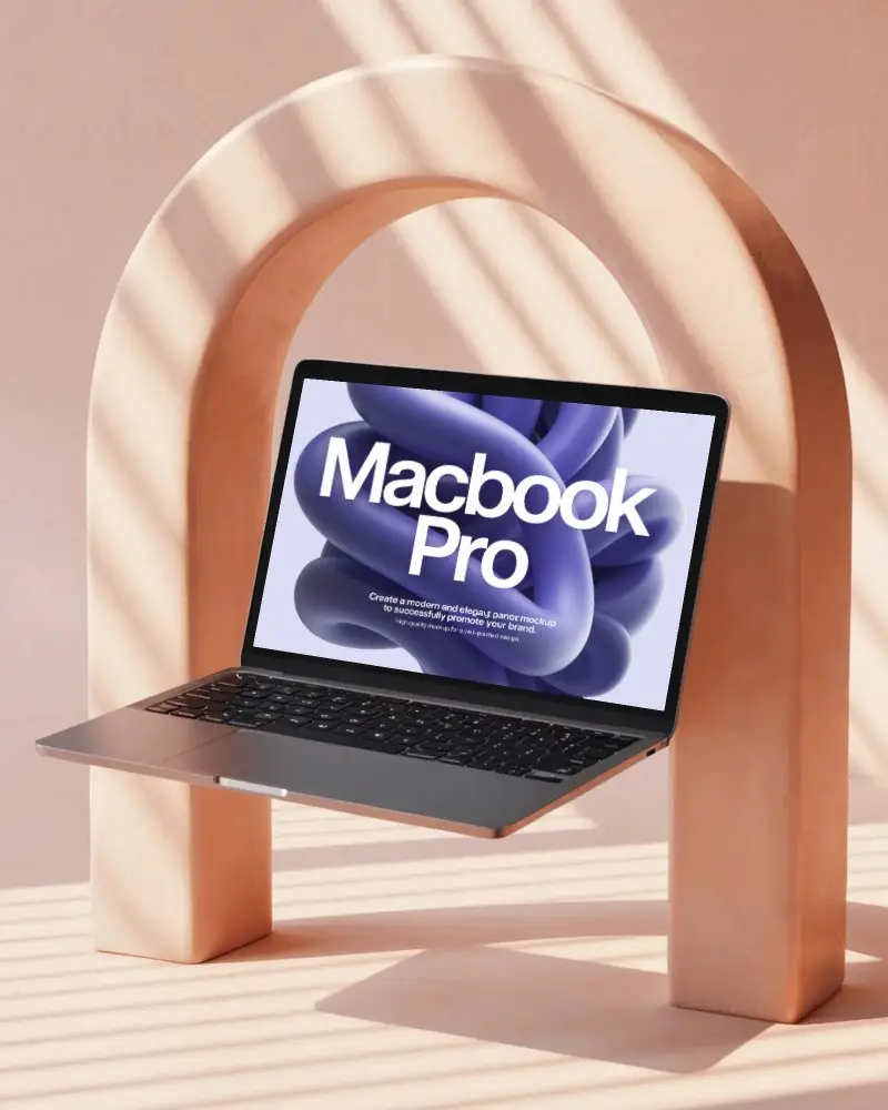 Contemporary Sculptural Stand Peach Toned Macbook Pro M1 Mockup With Elegant Curved Backdrop