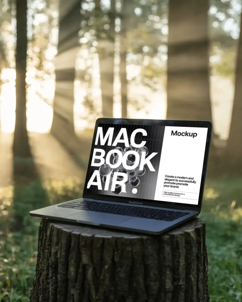 Forest Morning Macbook Air M1 Mockup On Tree Stump With Dramatic Sunlight Rays