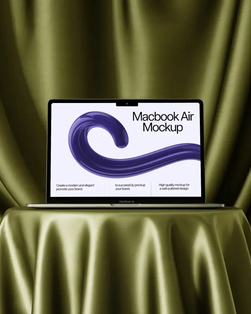 Luxury Green Drape Macbook Air M2 Mockup On Smooth Satin Backdrop Stylish Display