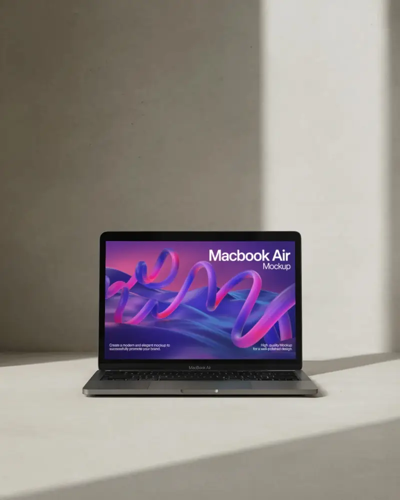 Grounded And Clean Macbook M1 Air Mockup In Neutral Space With Sunbeam Light Effect