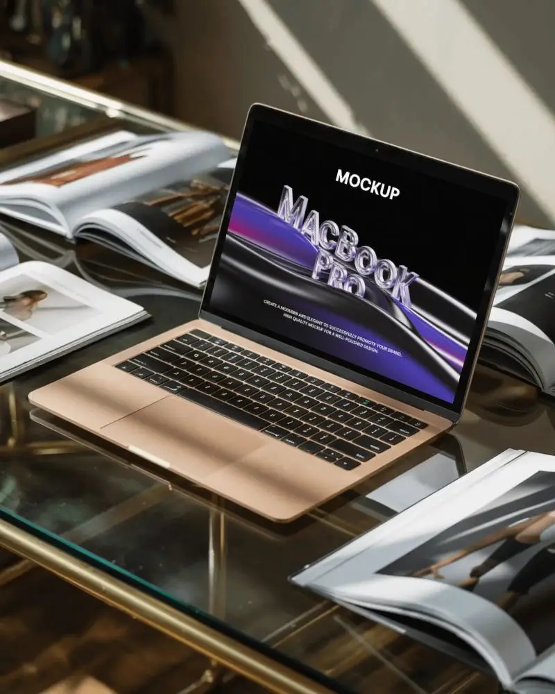 Macbook M1 Pro Mockup On Glass Table With Open Magazines And Sunlight In Fashion Studio