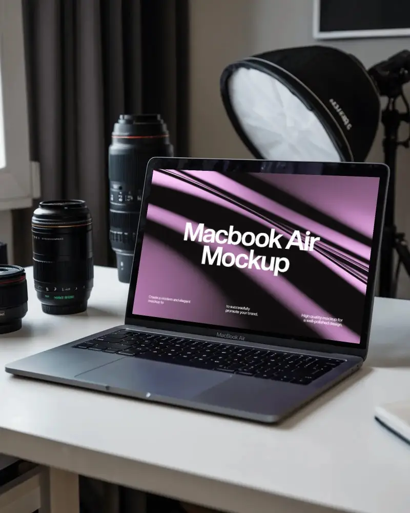 Macbook M1 Air Mockup On Desk In Photo Studio With Camera Lenses And Softbox Light