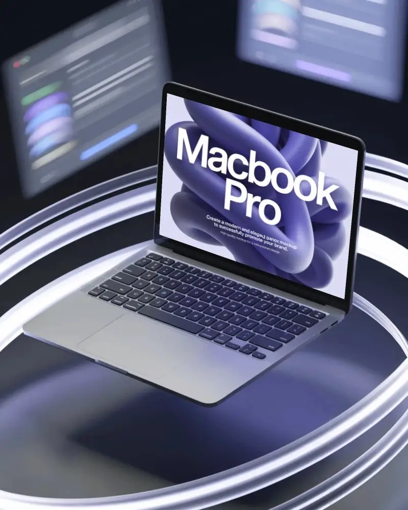 Illuminated 3d Tech Scene Macbook M1 Pro Mockup Inside Glow Rings And Ui Holograms