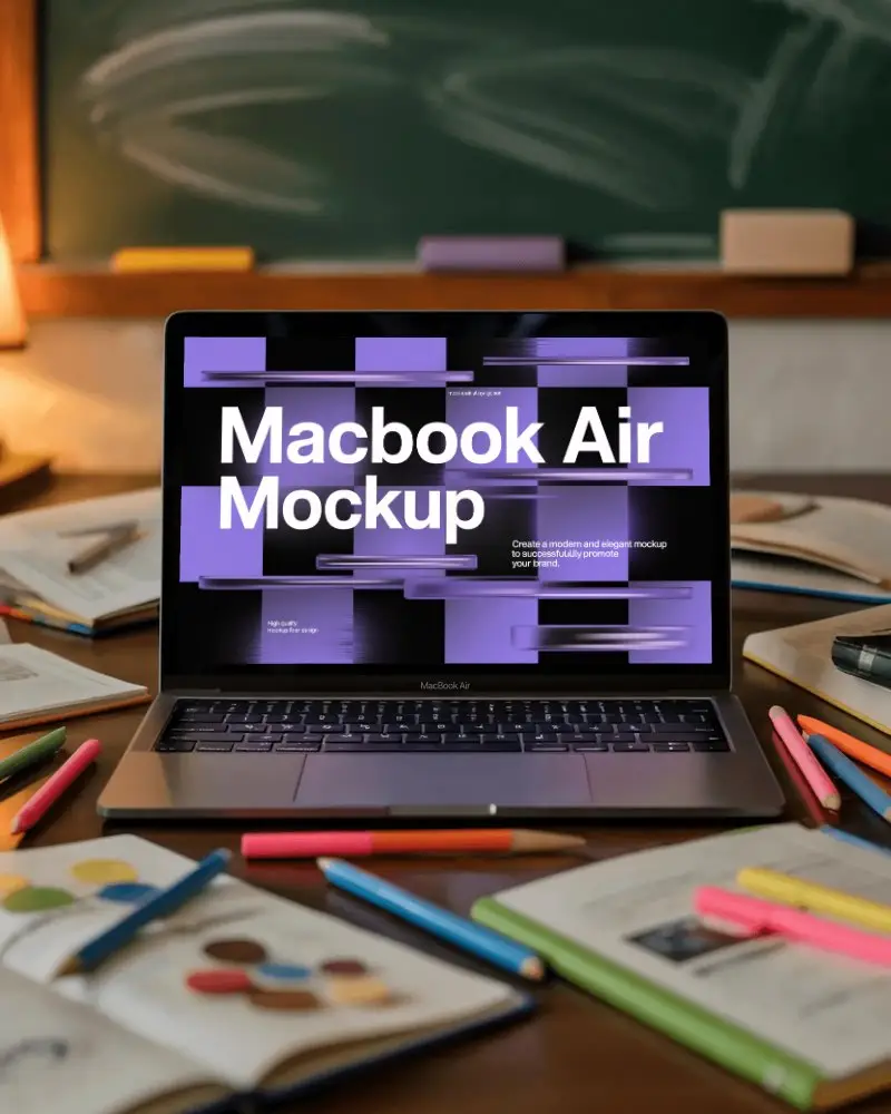 Macbook M1 Air Mockup On Desk With School Supplies Books And Colorful Markers In Classroom