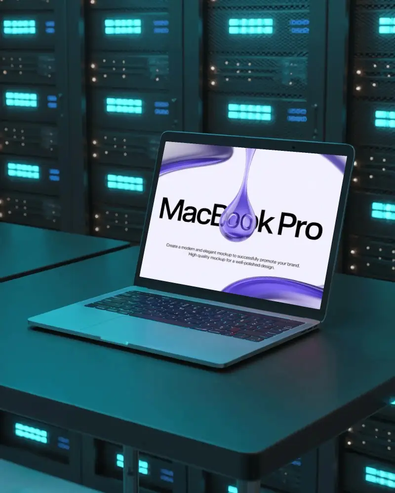 Macbook M1 Pro Mockup On Server Room Table With Blue Lit Data Racks In Technology Scene