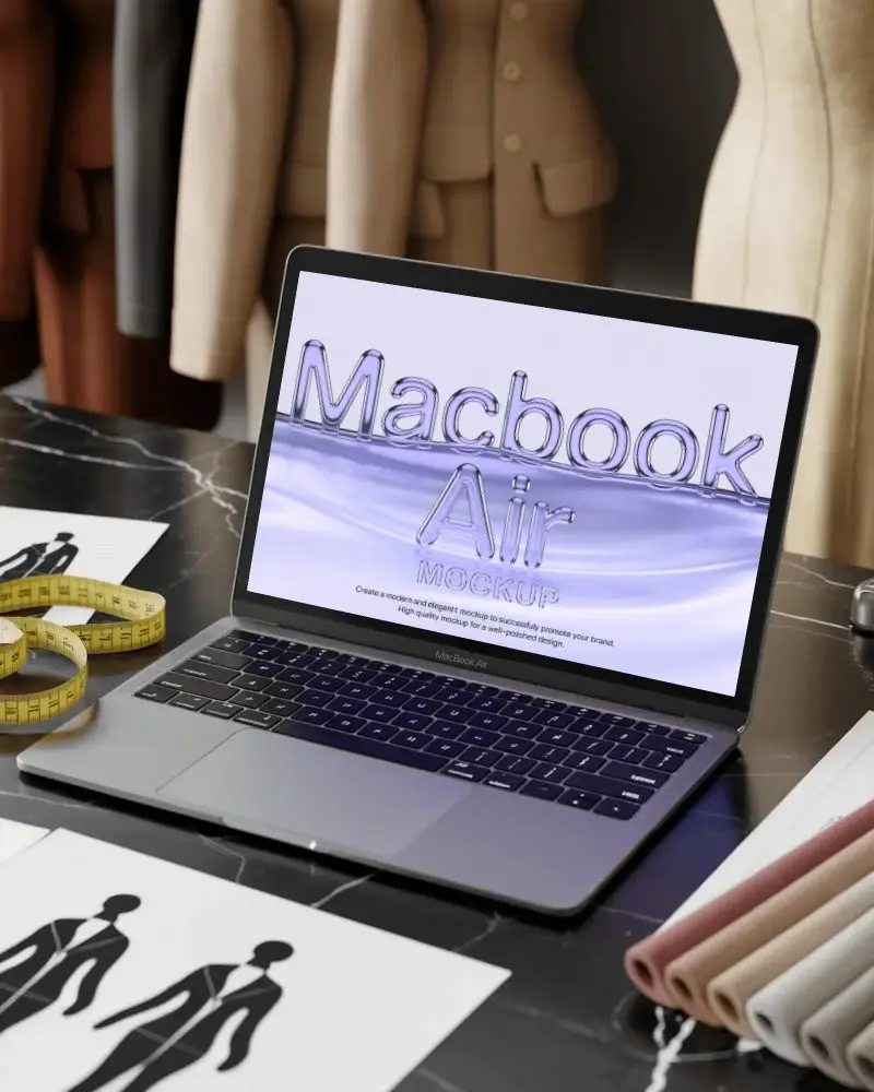 Macbook M1 Air Mockup On Designer Desk With Fashion Sketches Fabric Swatches And Tailor Tools