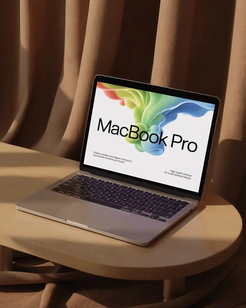 Macbook M1 Pro Mockup On Wooden Table With Soft Curtains And Warm Sunlight In Studio