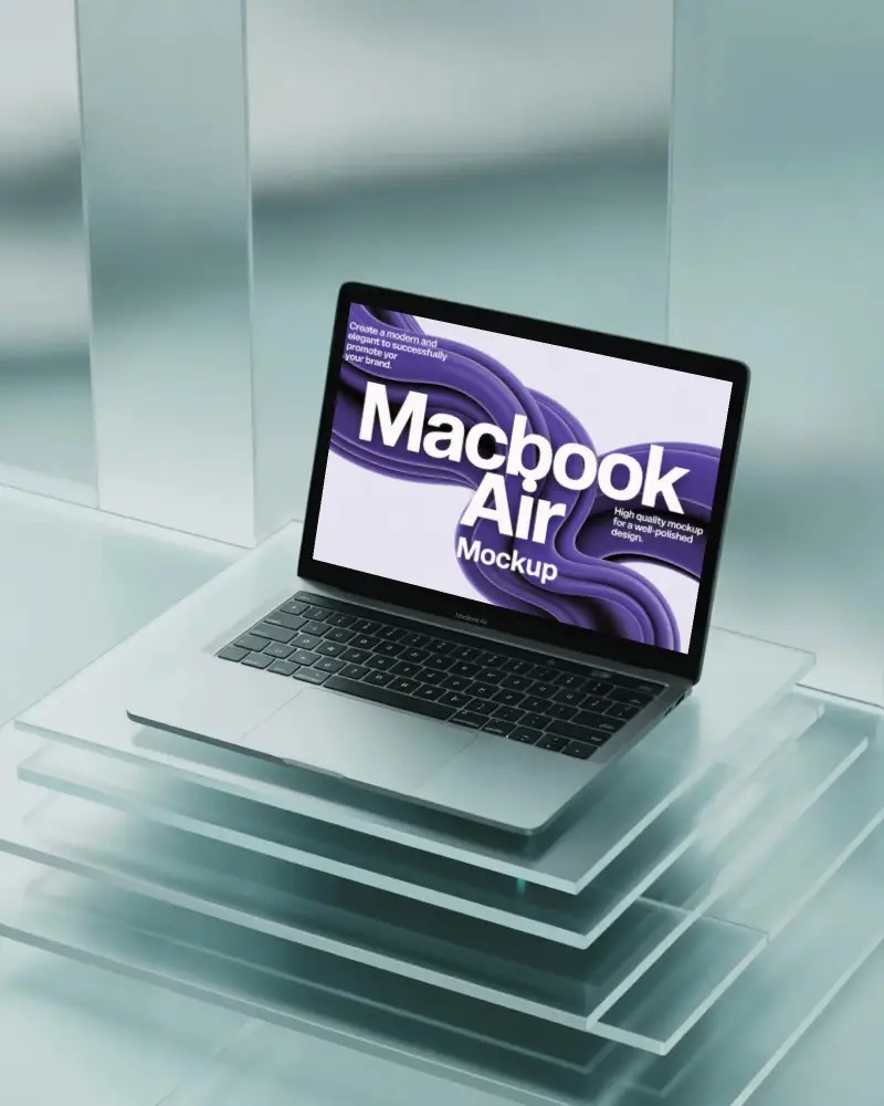 Macbook M1 Air Mockup On Stacked Glass Platform In Minimal Studio With Cool Toned Light