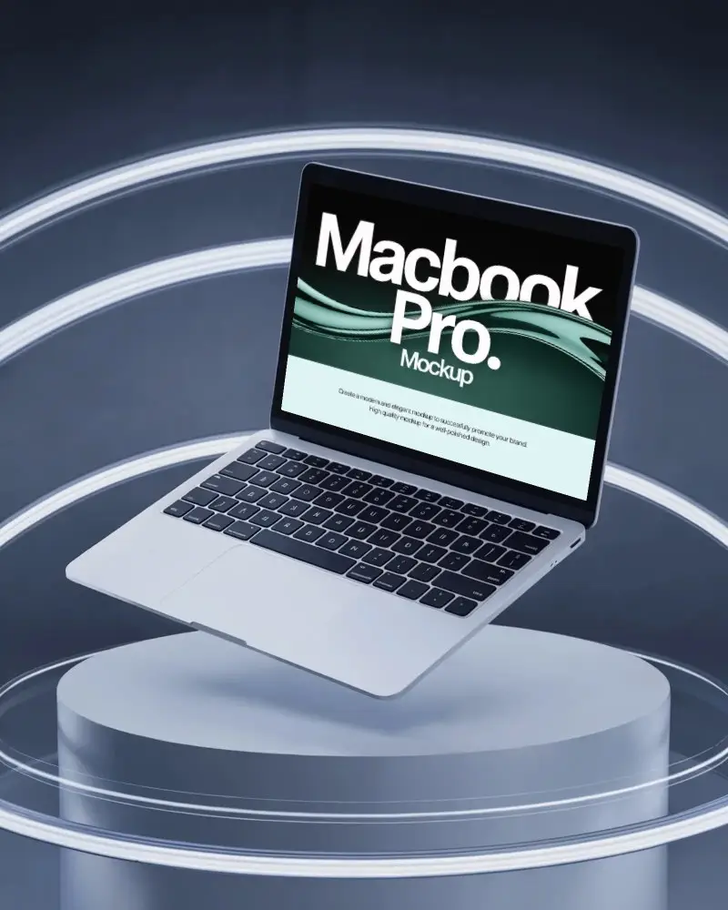 Sleek Product Showcase Macbook M1 Pro Mockup Suspended In Glowing Led Arc Backdrop