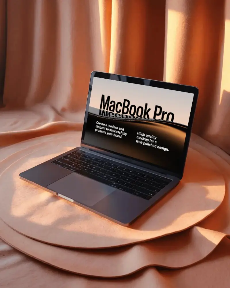 Soft Textile Scene Macbook M1 Pro Mockup In Golden Light On Curved Fabric Platform