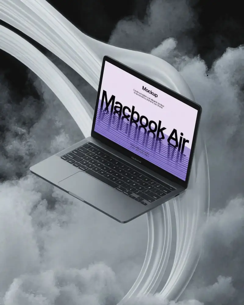 Abstract Cloud Scene Macbook M1 Air Mockup Floating In Minimal Cinematic Vortex